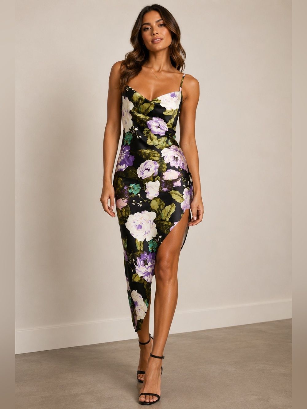 FOREVER 21 Black Multi Floral Print Cowl Asymmetrical Dress. Extra Large
